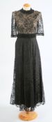 A Victorian black lace and jet beaded long dress together with a taffeta and black lace overlay