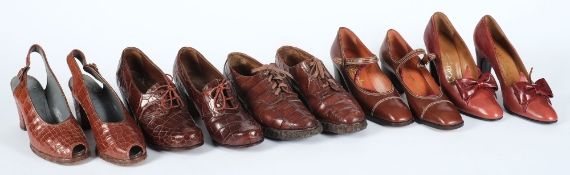 Three pairs of 'crocodile skin' lady's shoes and two pairs of brown leather shoes:.