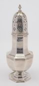 A George V silver sugar caster, maker mark worn, Birmingham, 1924:, of octagonal baluster form,