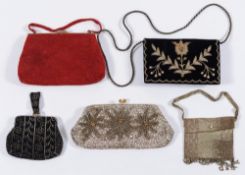 A red beadwork purse, a sequin purse, and three other purses:.