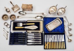 A pair of plated fish servers:, a set of six plated butter knives,