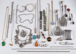 A silver cigarette case, a silver ingot pendant and a quantity of silver and costume jewellery:.