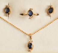 A suite of sapphire and diamond jewellery: comprising a pair of earrings, a necklace and a ring,