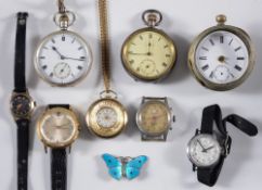 An enamelled butterfly brooch and eight various watches:.