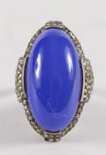 An Italian style, silver, marcasite and oval blue agate single stone ring:.