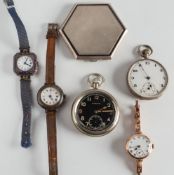 A silver, hexagonal compact, two pocket watches,