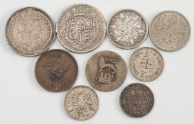 Nine English coins: of various size and dates.
