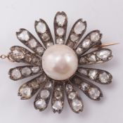 A rose diamond and cultured mabe pearl flower head brooch:,