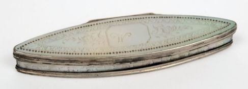 A Georgian silver and mother of pearl toothpick case: of oval outline, initialled,