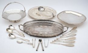 A collection of plated wares: including trays, hors d'oeuvre dish, flatwares, etc.