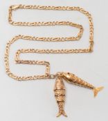 Two gold articulated fish pendants on 9ct gold chain:.