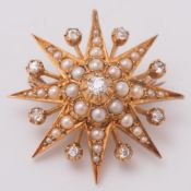 A 19th century gold, diamond and seed pearl 'star' brooch/pendant:, 8.5gms gross weight.