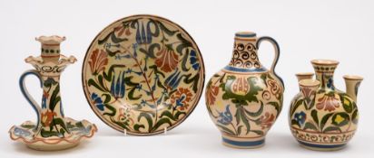 Four pieces of Aller Vale (Torquay) pottery: comprising a ewer of bellied form with raised neck and