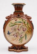 A Watcombe (Torquay) pottery moulded pilgrim flask: on cartouche shaped foot,