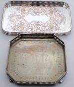 An Edwardian plated galleried tray by Elkington & Co: of square outline and canted corners,