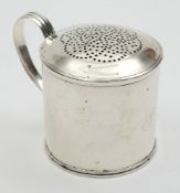 A George III antique silver kitchen pepper dredger: of straight-sided cylindrical form initialled