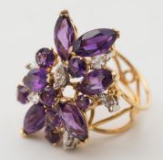 A yellow metal, amethyst and diamond dress ring:,