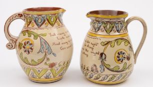 Two Aller Vale (Torquay) pottery harvest jugs: of oviform with raised neck and applied handle,