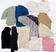 A collection of crochet cardigans and pullovers, together with a sequin blouse:, etc.