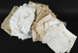 A collection of crochet and cutwork decorated table linen, bed linen and applied panels:.