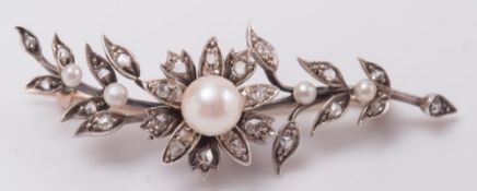 A cultured pearl and rose diamond floral spray brooch:,