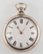 A silver pair cased pocket watch: the circular, white enamel dial with Roman numerals,