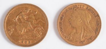 A Victorian 1/2 sovereign dated '1896' and an Edward VII 1/2 sovereign dated '1906':.