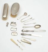 Two silver backed brushes: three silver wine labels, and assorted flatware,