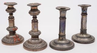 Two pairs of 19th century plated telescopic candlesticks:.