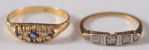 A gold and diamond five stone ring and a gold, sapphire and diamond five stone ring:.