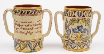 Two Aller Vale (Torquay) pottery loving cups: of cylindrical form incised and applied with coloured