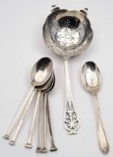 A silver straining spoon, maker EV, Sheffield: 14cm.