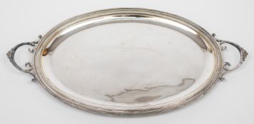 A French silver plated oval two handled tray,