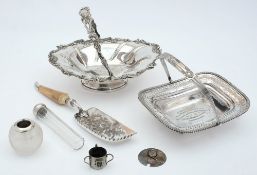 Assorted plated wares: including swing-handle cake basket, swing handled bread basket, crumb scoop,