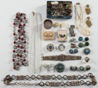 A quantity of jewellery to include two 'Limoges' porcelain brooches, paste set jewellery,