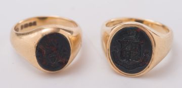A gentleman's 18ct gold signet ring with armorial intaglio and a smaller,