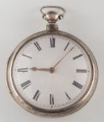 A silver pair cased pocket watch:, the white enamelled dial with Roman numerals.