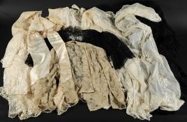 An ivory silk night dress, bed cap and bed coat, a machine lace petticoat,