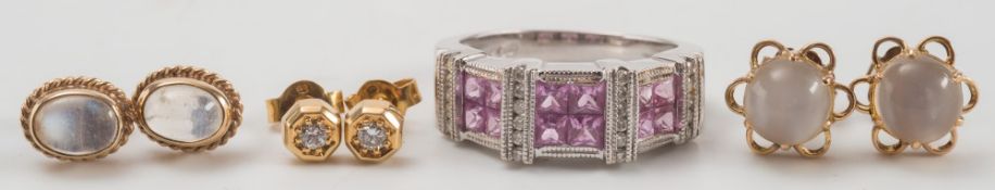 A pair of 18ct gold and diamond single-stone ear-studs, a 14ct gold,