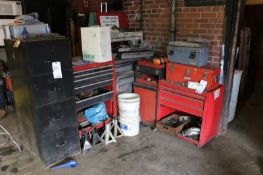 Lot of Assorted Tool Boxes with Hand Tools, Includes a 4-Drawer Filing Cabinet, and Floor Jacks