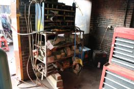 Lot of Assorted Misc. Tolls, Pipe Wrenches, Trailer Tie Downs, Nut and Bolt Hardware, with Racking