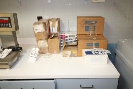 Assorted Lab Pyrex Glassware, 500 ml Beaker, Corning Flasks, #20024; Kimble 50 ml Cylinders, Babcock