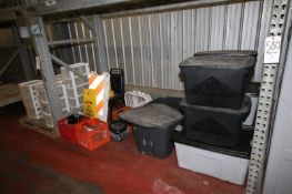 Assorted Totes, (2) Caution Signs, Construction Signs, (3) Milk Crates with Miscellaneous Items