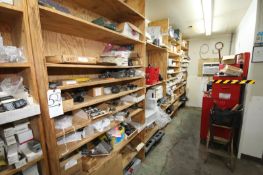 Contents of 4-Sections of Shelving including Roller Chain, Adapters, Anderson Chart Recorders,