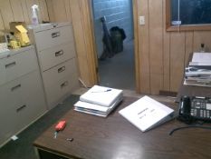 Lot of Office Furniture including: (2) Double Pedestal Metals Desks with Chairs; Holga Console Model