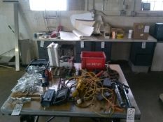 Large Lot of Tools and Maintenance Accessories on Table including Dayton Heater, Battery Charger,