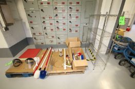 (2) Pallets of Cleaning Supplies including: Face Shields, Mats, Brushes, Barrel Pump, Whisks,