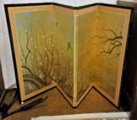 Oriental ebonised and painted four-fold