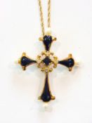 18K gold sapphire, pearl and blue enamel