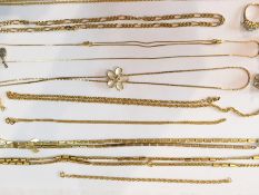 A quantity of gilt metal chains, blue an